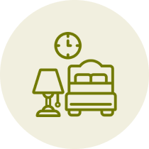 Bedroom icon with bed, lamp, and clock.