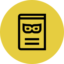 Book cover with mask icon, yellow background.