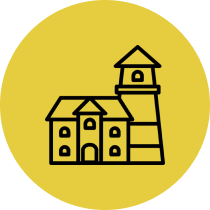 Line drawing of a building with tower.