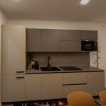 Modern kitchen with cabinets and appliances.