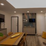 Modern living room with dining table setup.