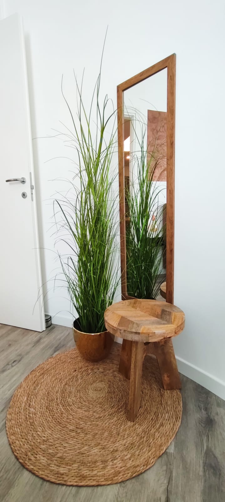 Mirror, stool, plant, and rug in corner.
