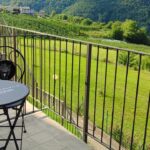 Terrace with chairs overlooking green landscape.